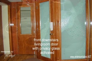 Privacy glass in opaque or closed mode in a motorhome trailer