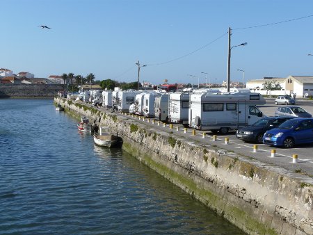 A large, free car park by the harbour in Peniche