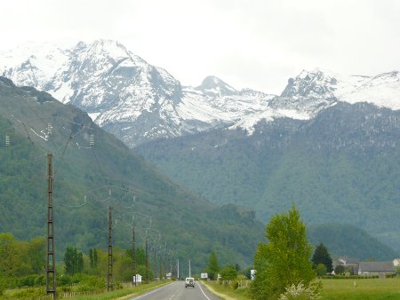 Pyrenees in distance along road