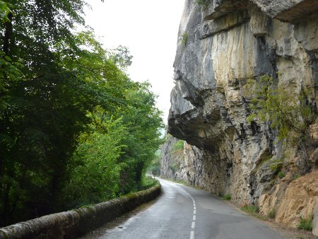 Rocks overhanging a road, Vallee du Lot, France