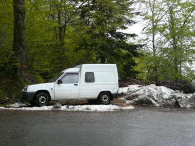 Van with snow chains in the Pyrenees