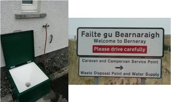 Chemical toilet disposal point at Leverburgh ferry terminal and motorhome service point sign on Berneray