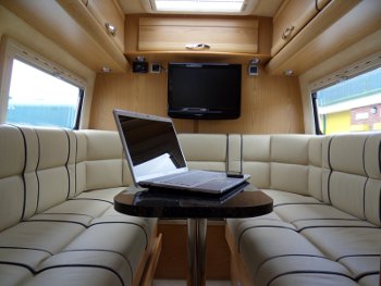 Mclaren Shadow motorhome interior - rear seating and bed area